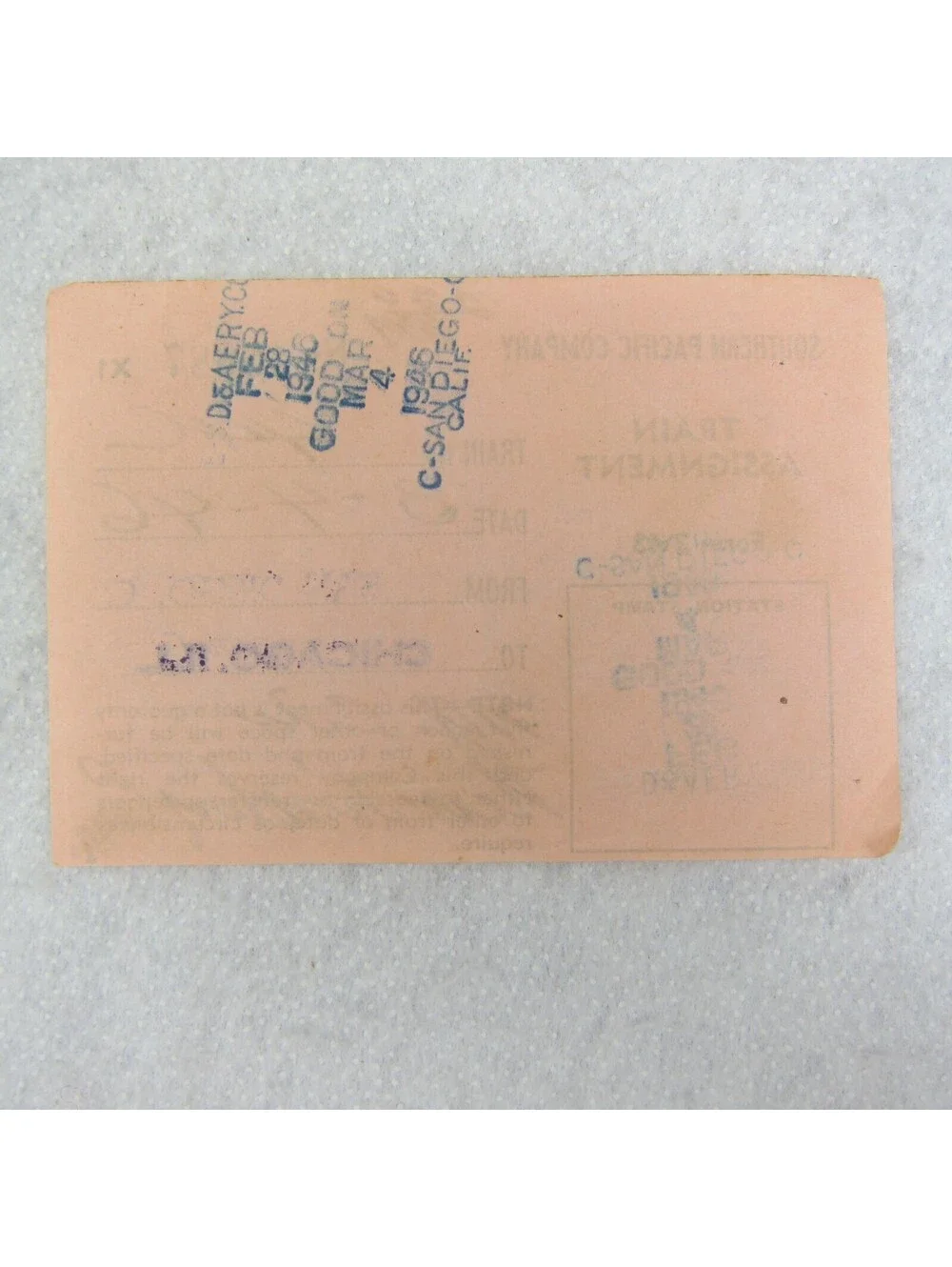 Southern Pacific Company Train Ticket Railroad San Diego to Chicago Vintage 1946